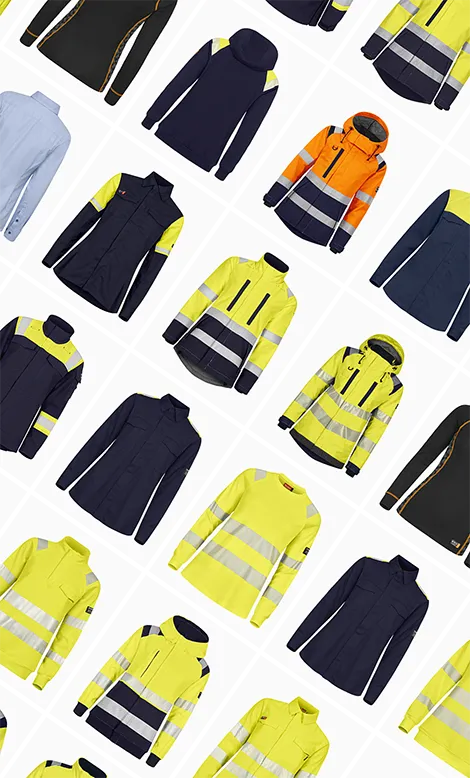 Sammanställd bildgrid med arbets- och skyddskläder presenterade i separata rutor, där varje plagg är frilagt mot ljus bakgrund. Bilden används i en guide om produktfotografering för att visa hur bilder av kläder, fotograferade med olika metoder och detaljeringsgrad, kan organiseras i ett konsekvent grid för jämförelse, överblick och dokumentation inom e-handel.