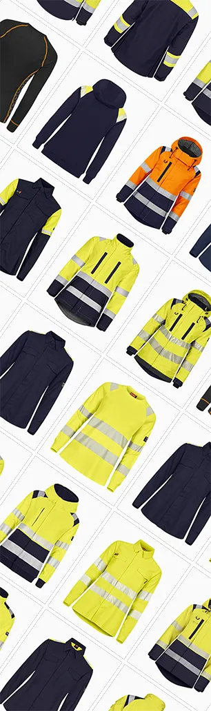 Sammanställd bildgrid med arbets- och skyddskläder presenterade i separata rutor, där varje plagg är frilagt mot ljus bakgrund. Bilden används i en guide om produktfotografering för att visa hur bilder av kläder, fotograferade med olika metoder och detaljeringsgrad, kan organiseras i ett konsekvent grid för jämförelse, överblick och dokumentation inom e-handel.