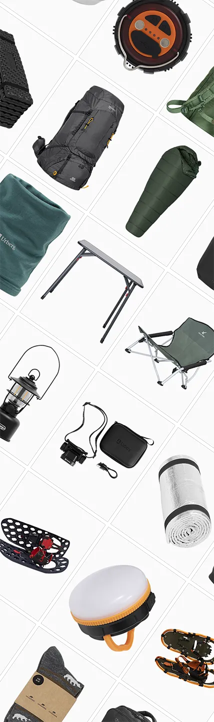 Sammanställd bildgrid med friluftsprodukter i separata rutor, där varje produkt presenteras frilagd mot ljus bakgrund. Bilden används som exempel i en guide om produktfotografering för att visa hur olika produktbilder kan struktureras och kombineras i en enhetlig visuell layout för översikter, kategorisidor och informationsinnehåll inom e-handel.