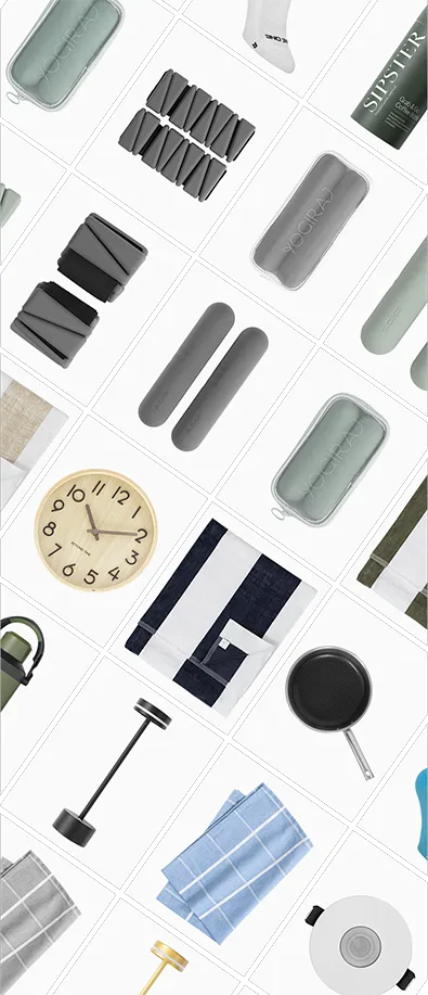 Sammanställd bildgrid med konsument- och vardagsprodukter presenterade i separata rutor, där varje produkt är frilagd mot ljus bakgrund. Bilden illustrerar inom ramen för produktfotografering hur produktbilder med varierande ursprung och visuellt uttryck kan samlas i ett sammanhållet system för guider, redaktionella sammanhang och strukturerade översikter.