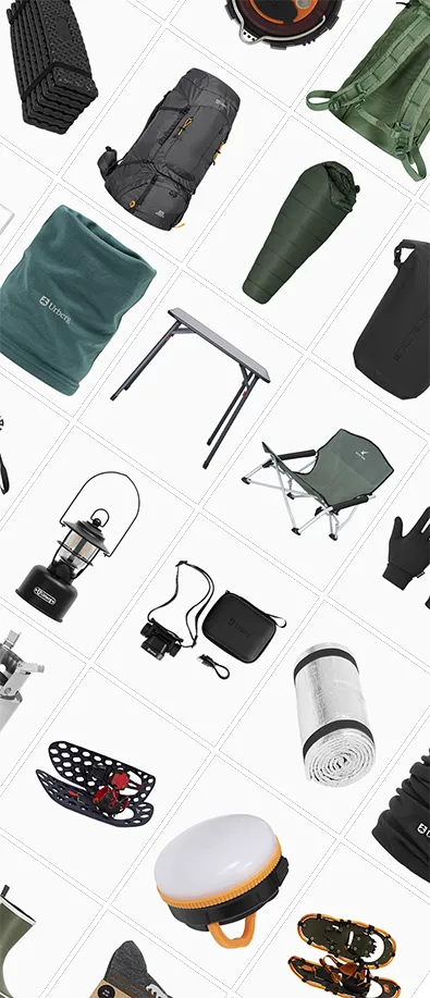 Sammanställd bildgrid med friluftsprodukter i separata rutor, där varje produkt presenteras frilagd mot ljus bakgrund. Bilden används som exempel i en guide om produktfotografering för att visa hur olika produktbilder kan struktureras och kombineras i en enhetlig visuell layout för översikter, kategorisidor och informationsinnehåll inom e-handel.